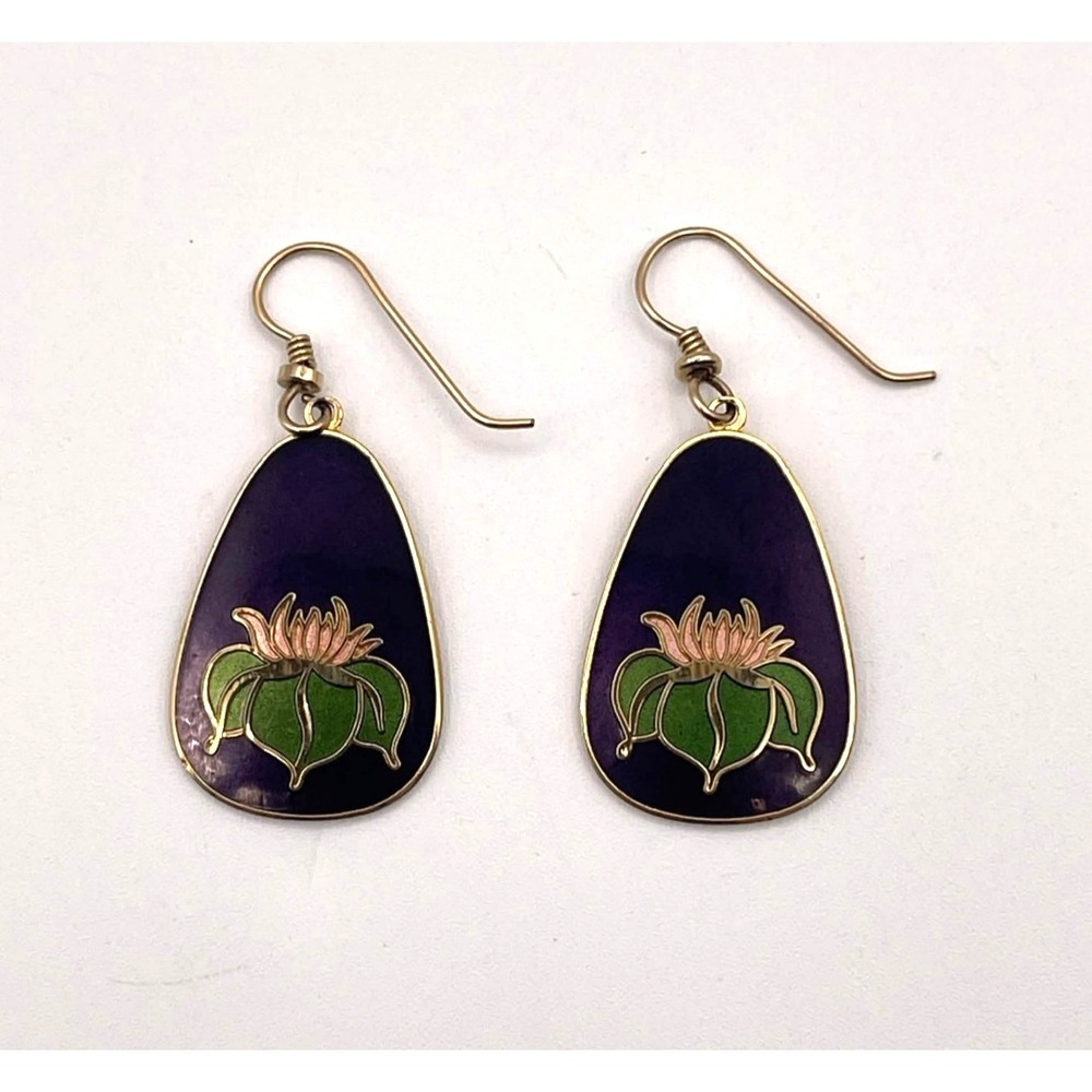 Vintage Laurel Burch Lotus Flower Enamel Teardrop Dangle Earrings Gold Tone